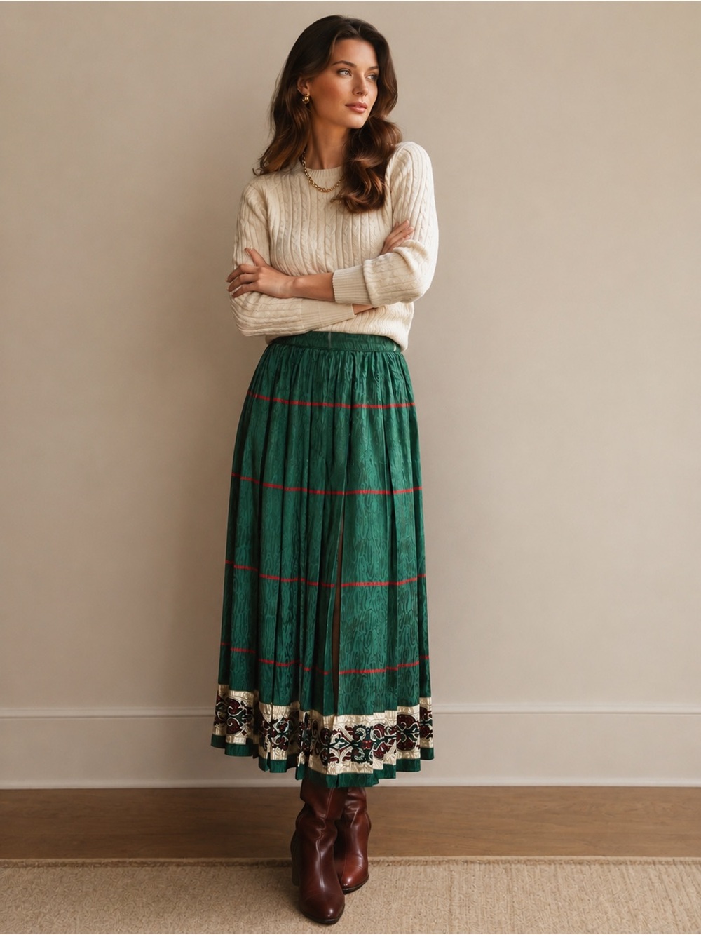 Vintage 100% Silk Pleated Midi Skirt Green Boho Cottagecore Quiet Luxury Size 8